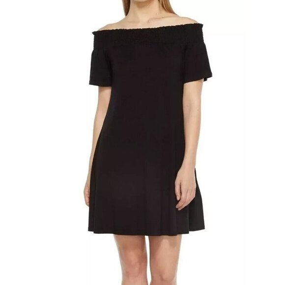 Karen Kane L13652 Black Off-The-Shoulder Smocked Stretch Jersey Swing Dress S - Picture 1 of 9